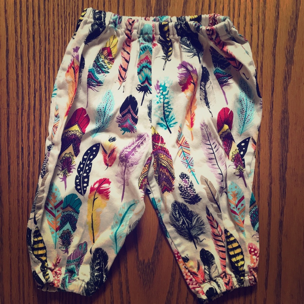Handmade 3-6 month harem pants with feathers.